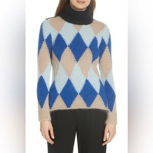 Tory Burch Libby Sweater Women’s XS Blue Beige Argyle Italian Mohair Turtleneck
